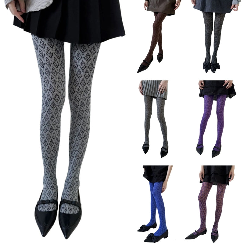 Vintage Dark Floral Jacquard Patterned Pantyhose for Women, Japanese Style Autumn Tights, Slimming Opaque Silky Stocking