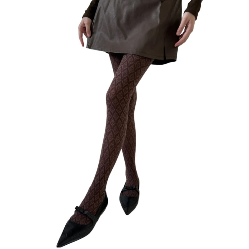 Vintage Dark Floral Jacquard Patterned Pantyhose for Women, Japanese Style Autumn Tights, Slimming Opaque Silky Stocking