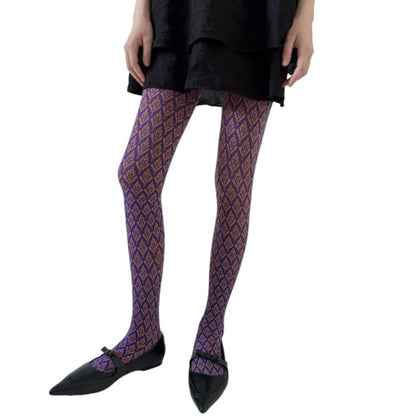 Vintage Dark Floral Jacquard Patterned Pantyhose for Women, Japanese Style Autumn Tights, Slimming Opaque Silky Stocking