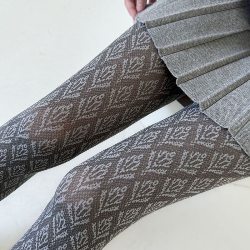 Vintage Dark Floral Jacquard Patterned Pantyhose for Women, Japanese Style Autumn Tights, Slimming Opaque Silky Stocking