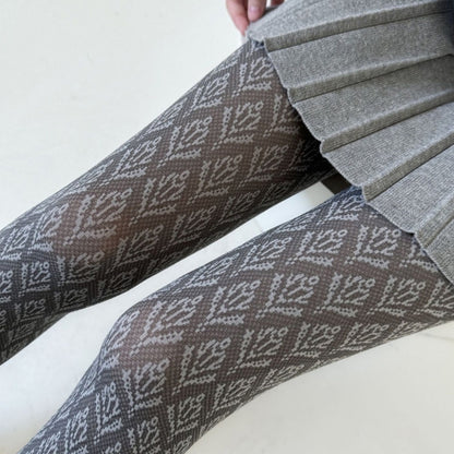 Vintage Dark Floral Jacquard Patterned Pantyhose for Women, Japanese Style Autumn Tights, Slimming Opaque Silky Stocking