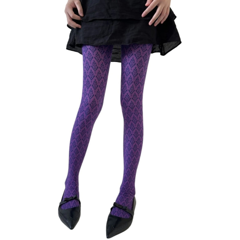 Vintage Dark Floral Jacquard Patterned Pantyhose for Women, Japanese Style Autumn Tights, Slimming Opaque Silky Stocking