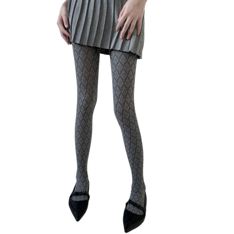 Vintage Dark Floral Jacquard Patterned Pantyhose for Women, Japanese Style Autumn Tights, Slimming Opaque Silky Stocking