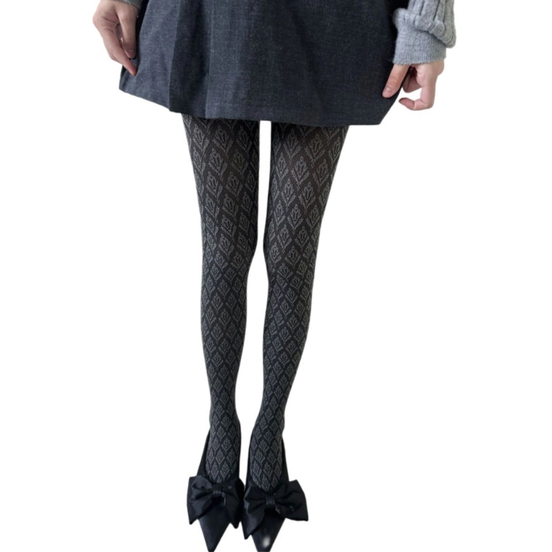 Vintage Dark Floral Jacquard Patterned Pantyhose for Women, Japanese Style Autumn Tights, Slimming Opaque Silky Stocking