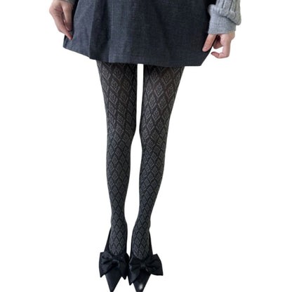 Vintage Dark Floral Jacquard Patterned Pantyhose for Women, Japanese Style Autumn Tights, Slimming Opaque Silky Stocking
