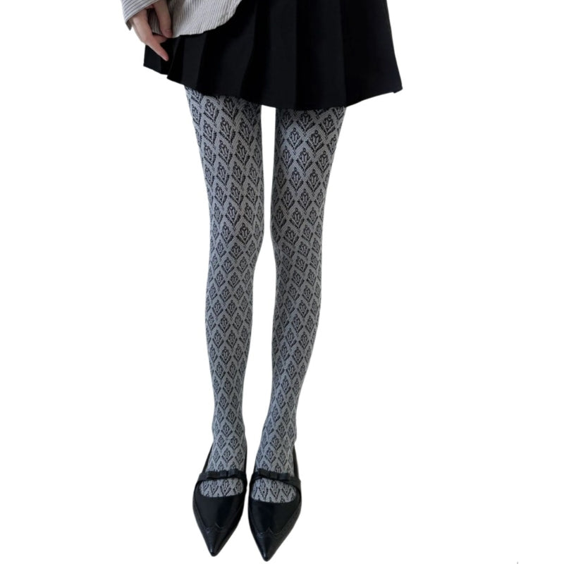 Vintage Dark Floral Jacquard Patterned Pantyhose for Women, Japanese Style Autumn Tights, Slimming Opaque Silky Stocking