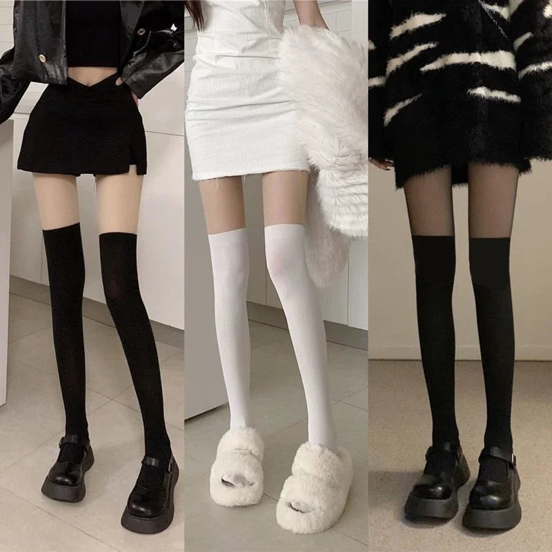 Sheer to Opaque Thigh High Illusion Stockings, Women's Fake Over the Knee Tights, JK Style Contrast Color Pantyhose