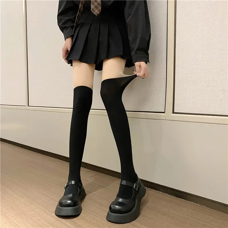 Sheer to Opaque Thigh High Illusion Stockings, Women's Fake Over the Knee Tights, JK Style Contrast Color Pantyhose