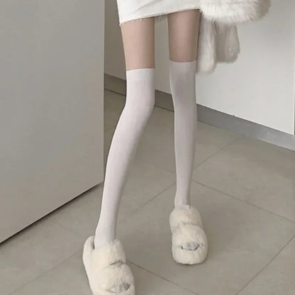 Sheer to Opaque Thigh High Illusion Stockings, Women's Fake Over the Knee Tights, JK Style Contrast Color Pantyhose