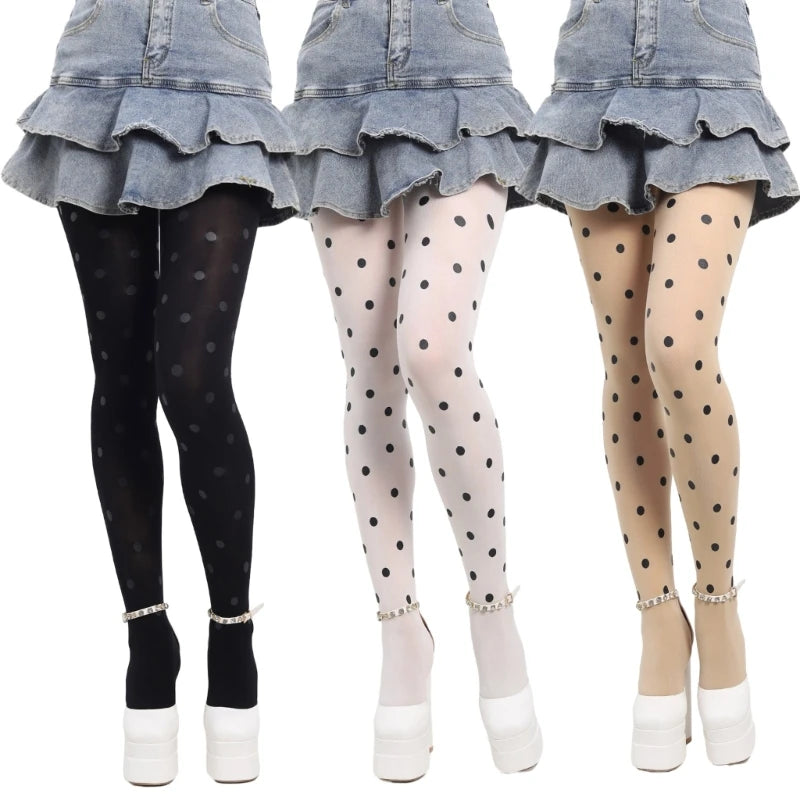 Vintage Dot Patterned Opaque Stockings, Japanese JK Girl Dot Silky Stockings, Pantyhose Silky Footed Tights for Women