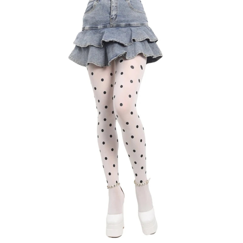 Vintage Dot Patterned Opaque Stockings, Japanese JK Girl Dot Silky Stockings, Pantyhose Silky Footed Tights for Women