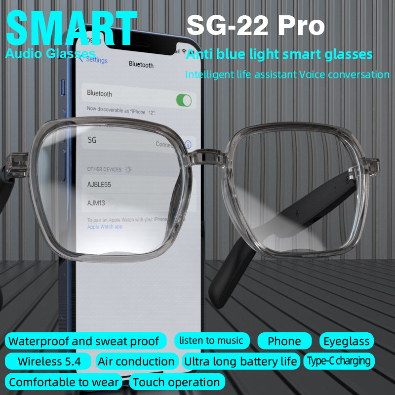 Fashion Eyewear SG PRO PRO Smart Bluetooth Glasses With Clear Lens Square Frame Wireless Audio Glasses for Music & Call
