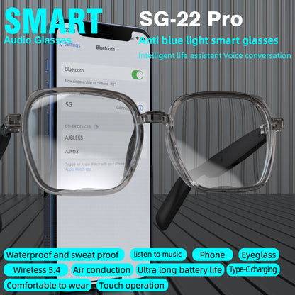 Fashion Eyewear SG PRO PRO Smart Bluetooth Glasses With Clear Lens Square Frame Wireless Audio Glasses for Music & Call