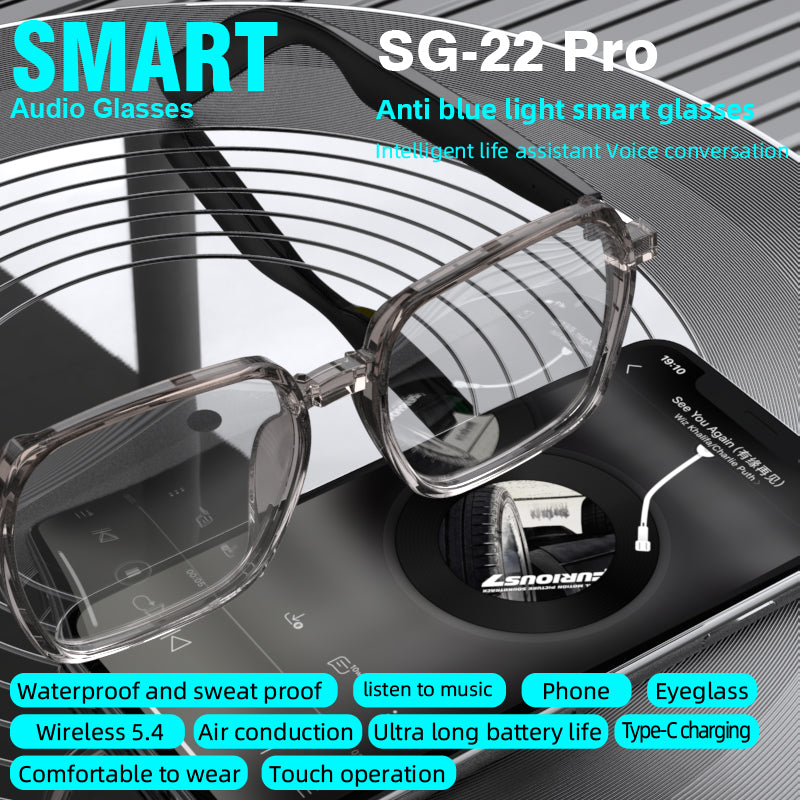 Fashion Eyewear SG PRO PRO Smart Bluetooth Glasses With Clear Lens Square Frame Wireless Audio Glasses for Music & Call