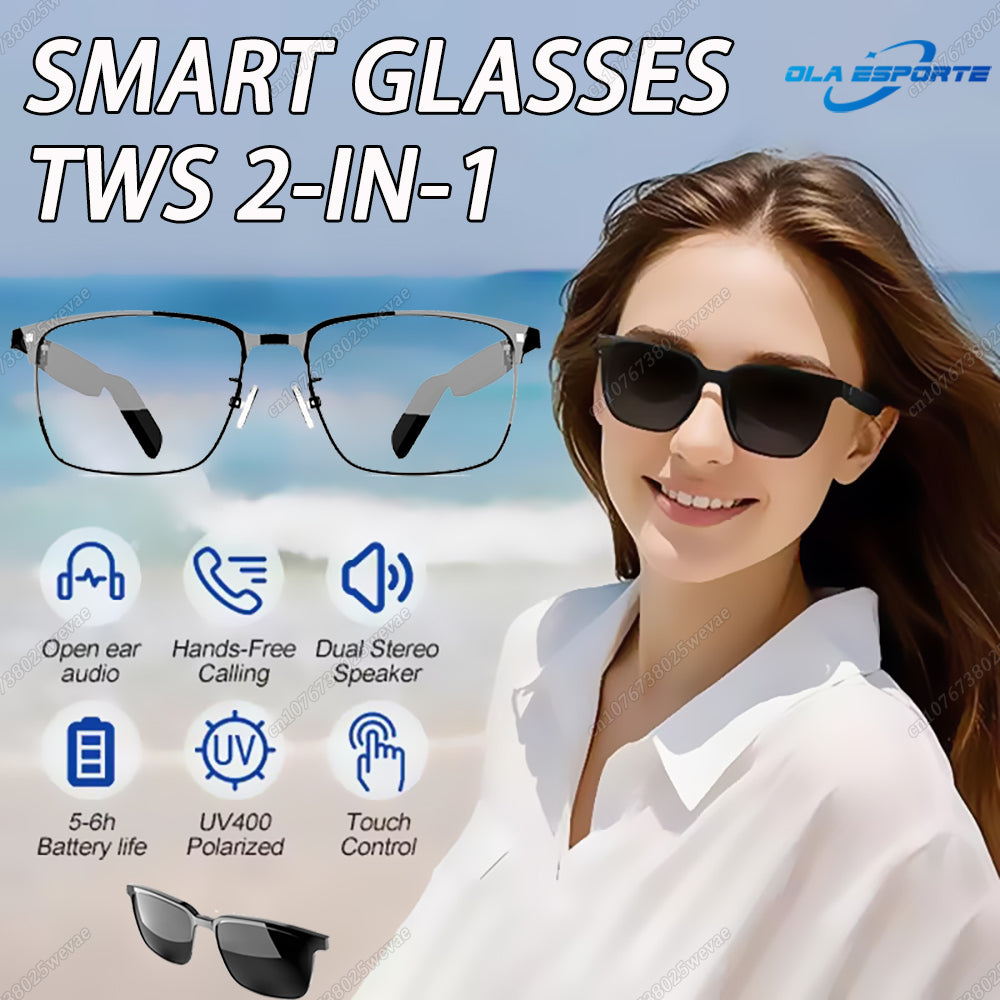 Convertible TWS Smart Glasses with Sunglasses & Clear Lenses, Wireless Audio Bluetooth Call Music Outdoor Glasses