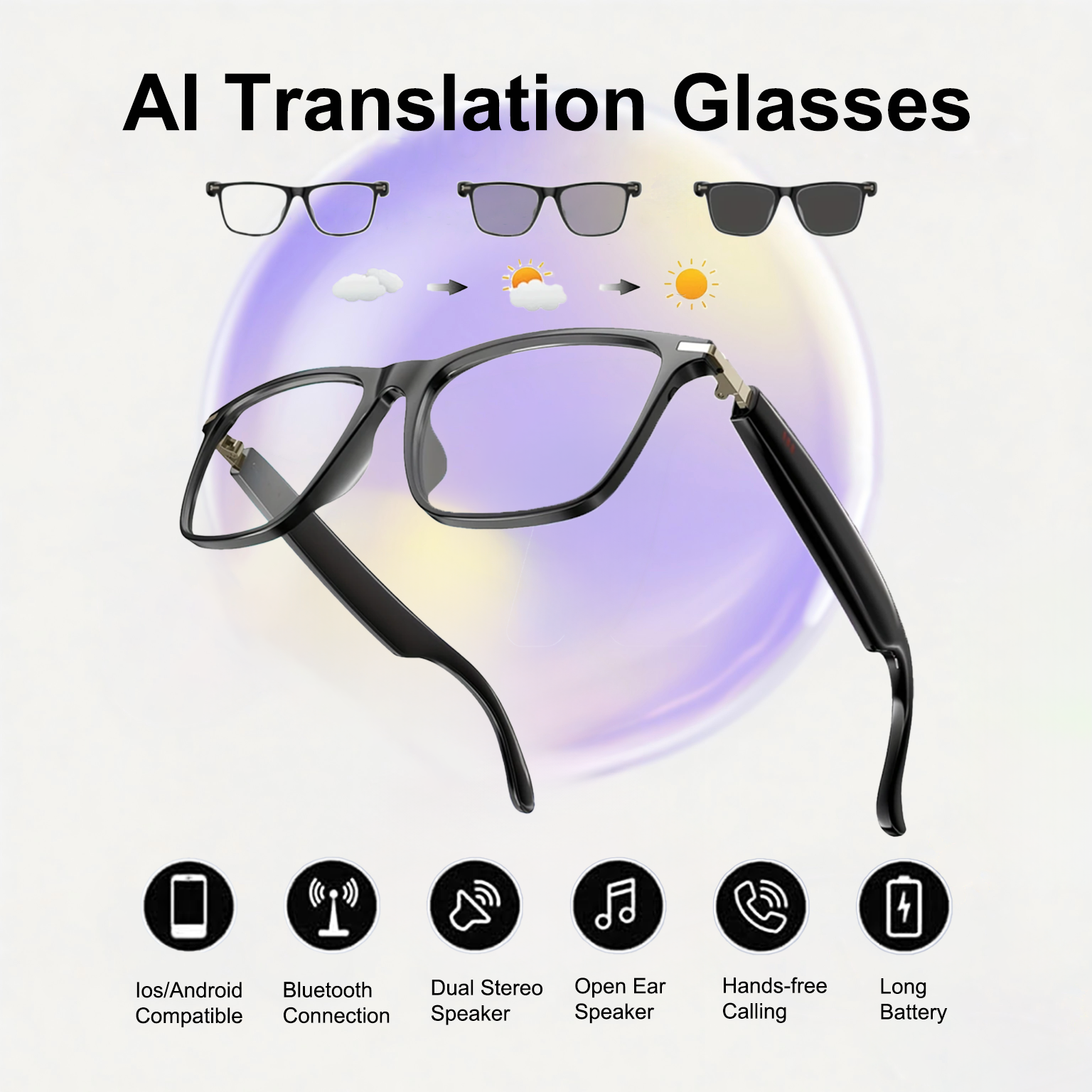 Smart AI Translation Glasses with Photochromic Lenses, Real-Time Languages Translator for Travel & Businesse