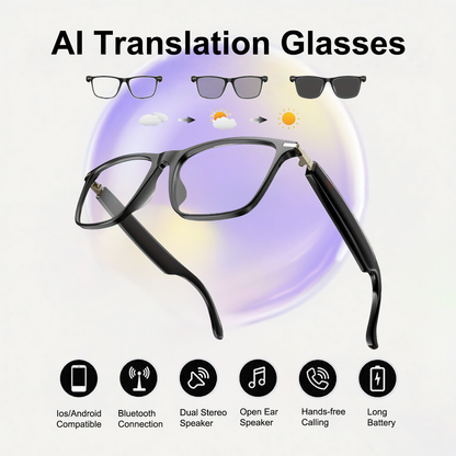 Smart AI Translation Glasses with Photochromic Lenses, Real-Time Languages Translator for Travel & Businesse