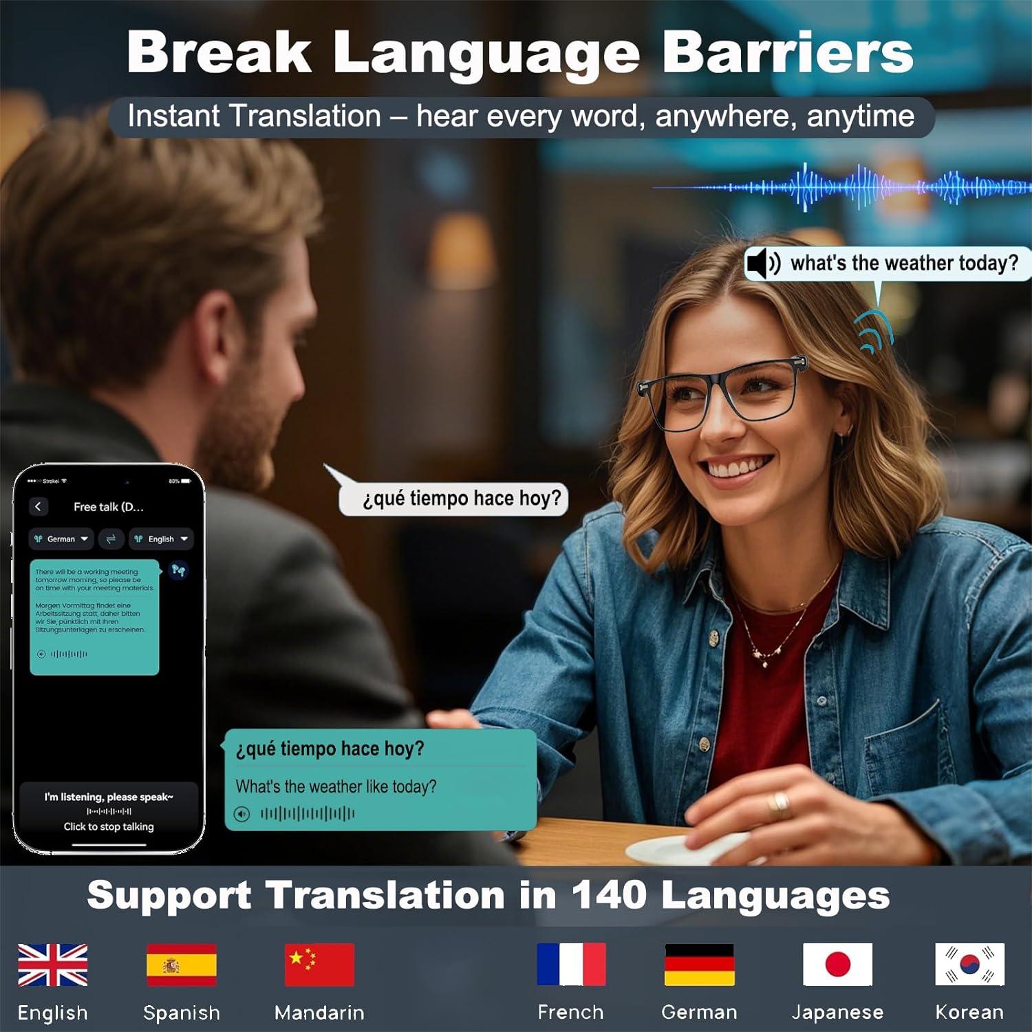 Smart AI Translation Glasses with Photochromic Lenses, Real-Time Languages Translator for Travel & Businesse