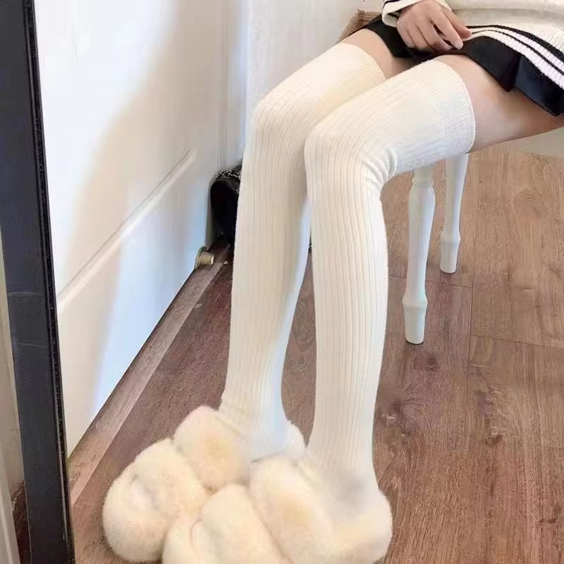 Autumn Winter Womens Stockings, Lolita Long Tight Socks in Black & White, Vertical Stripes Cotton Over Knee Thigh Socks