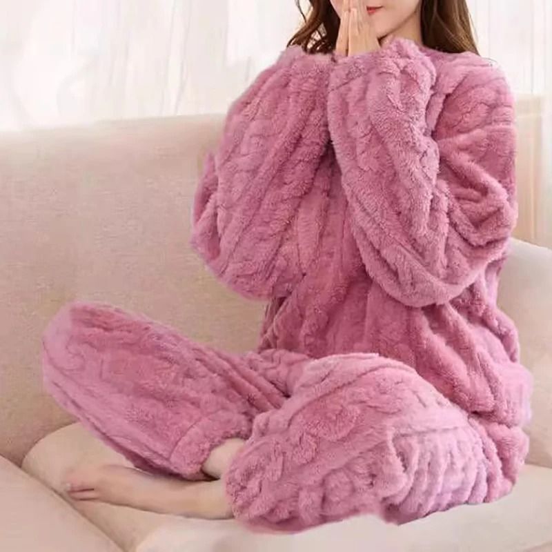 Womens Winter Pajama Set Long Sleeve Top And Elastic Waist Pants