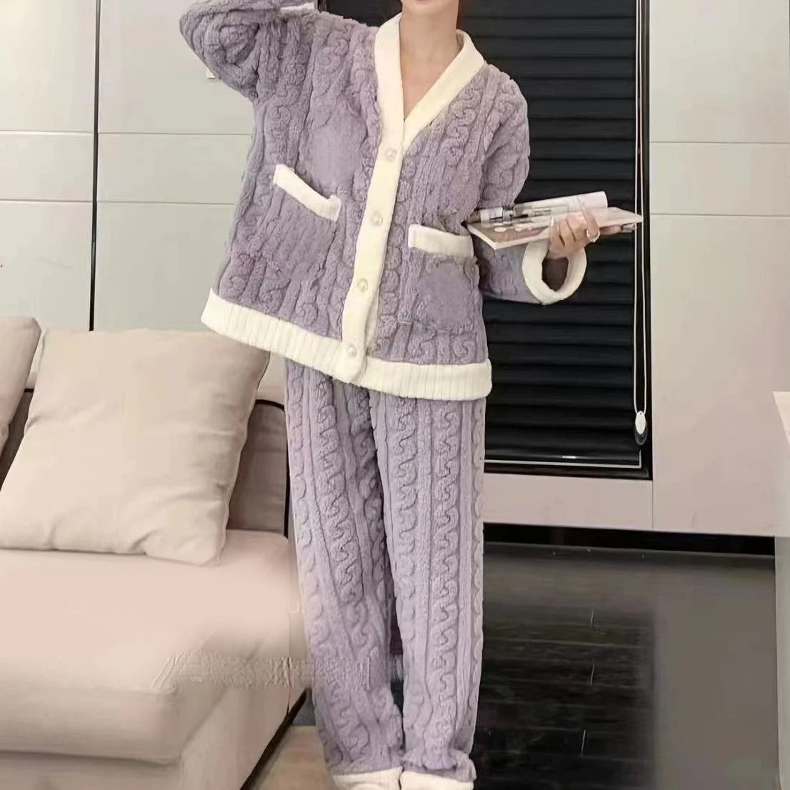 Womens Winter Pajama Set Long Sleeve Top And Elastic Waist Pants 13