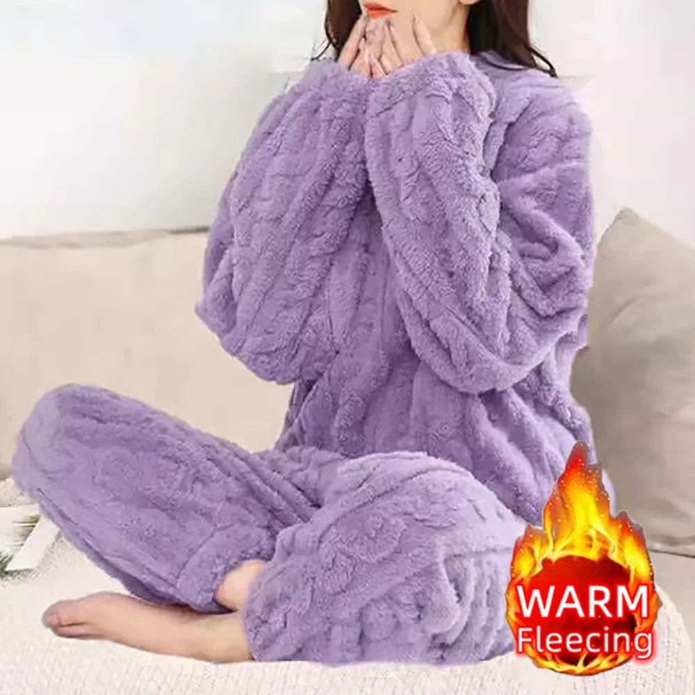 Womens Winter Pajama Set Long Sleeve Top And Elastic Waist Pants 1
