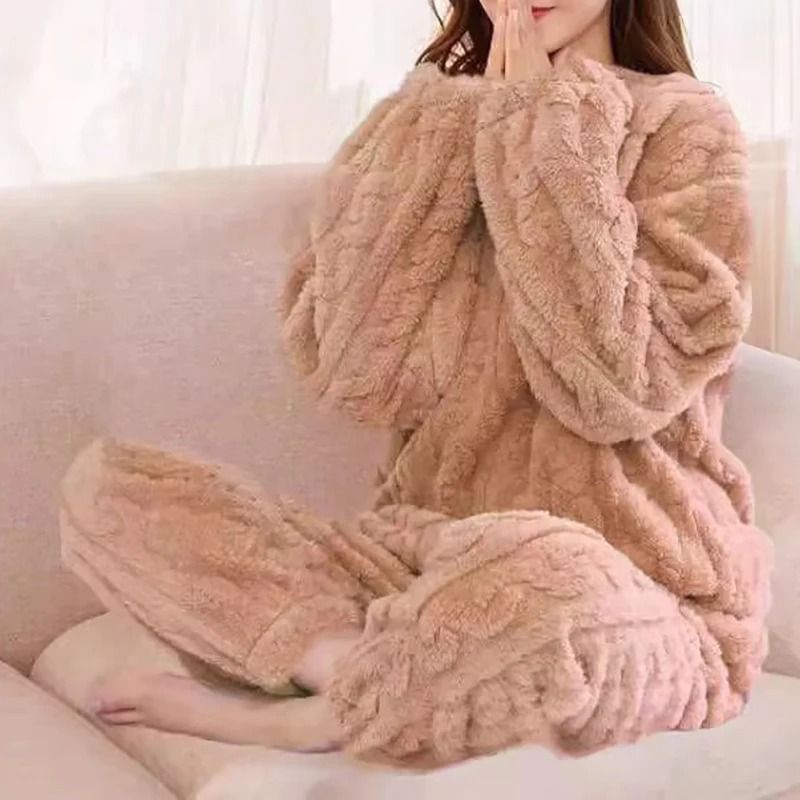 Womens Winter Pajama Set Long Sleeve Top And Elastic Waist Pants 4