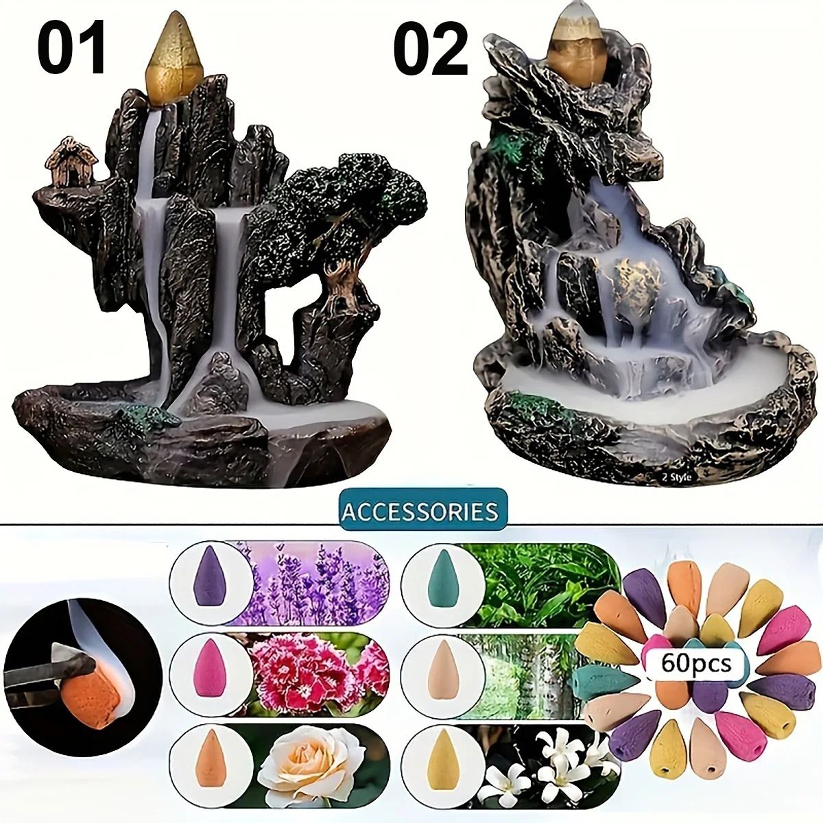 Mountains River Waterfall Incense Burner With 60 Backflow Cones 2