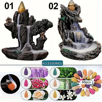 Mountains River Waterfall Incense Burner With 60 Backflow Cones 2