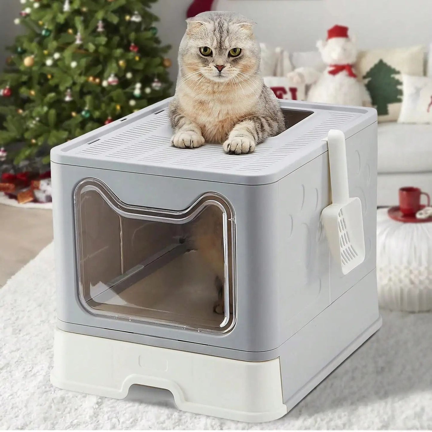 Foldable Cat Litter Box with Drawer Design and Scooper