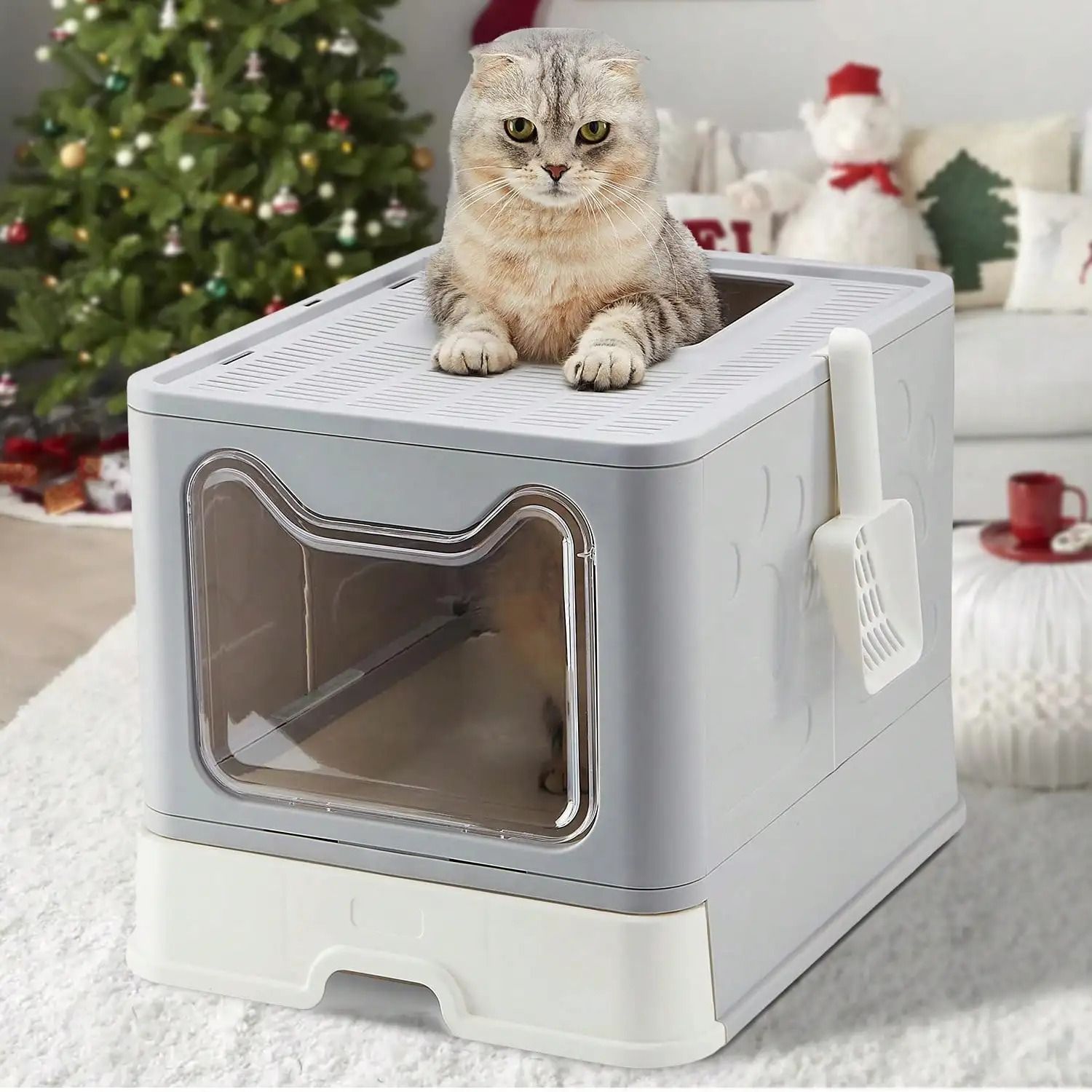 Foldable Cat Litter Box with Drawer Design and Scooper