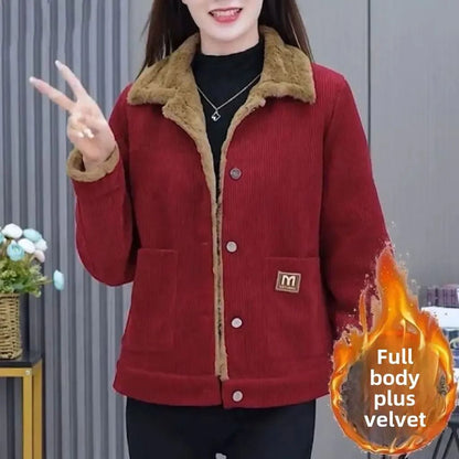 Plus Size Corduroy Short Coat with Long Sleeves