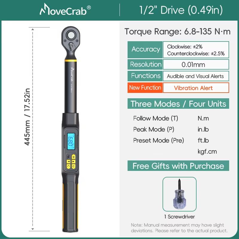MOVECRAB Digital Torque Wrench Adapter 15340Nm  High Precision Electronic Torque Meter With Preset  18