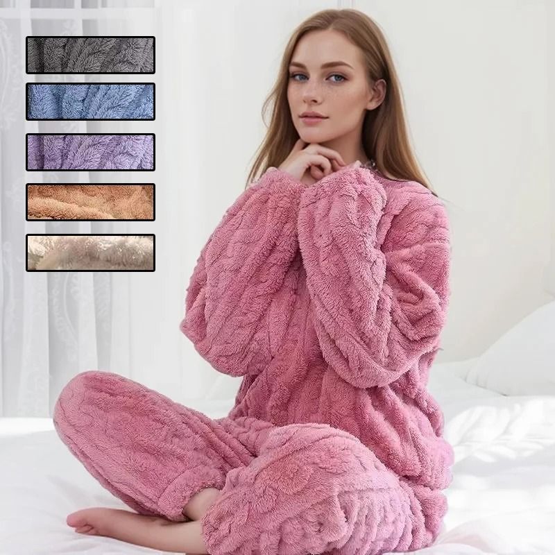 Womens Thickened Flannel Pajama Set with Long Sleeves