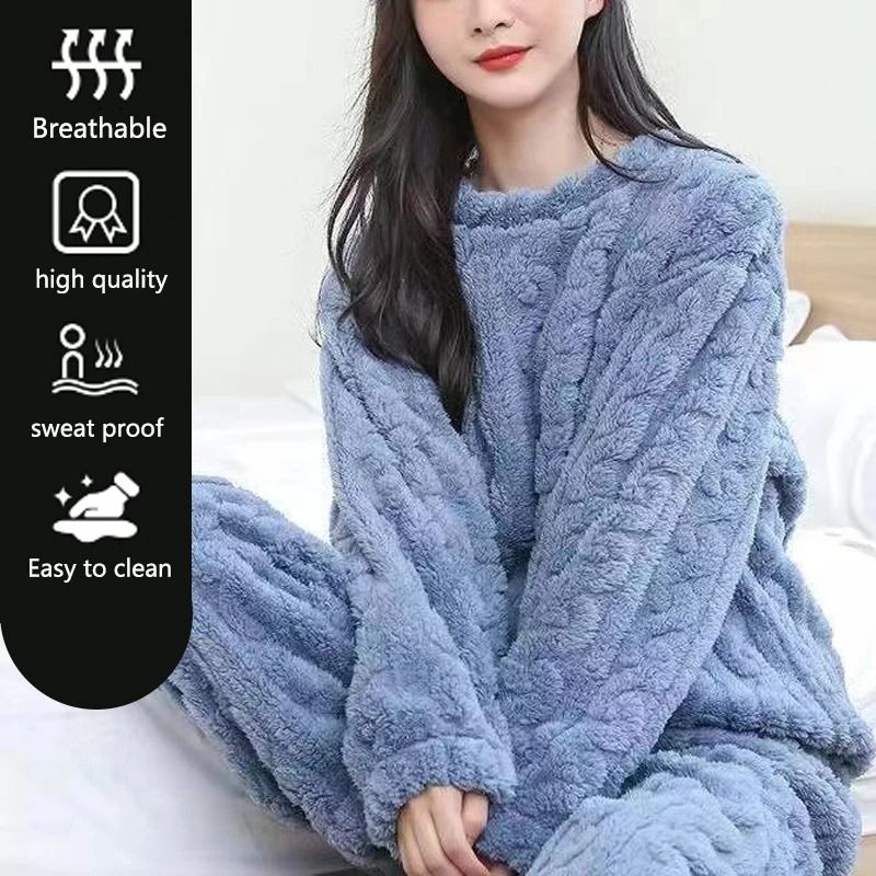 Womens Thickened Flannel Pajama Set With Long Sleeves 2