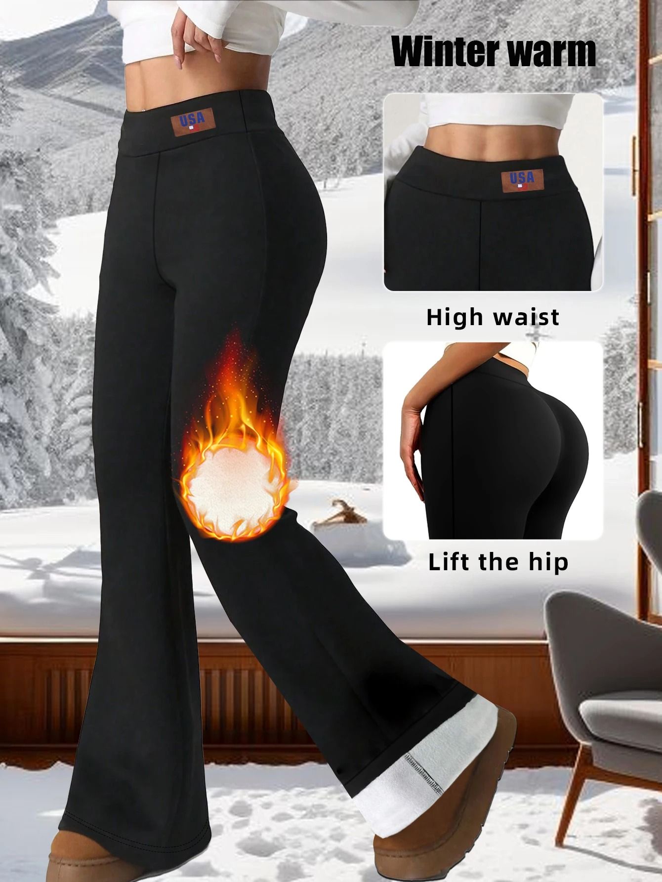 High Waisted Plush Bell Bottom Pants for Winter Warmth