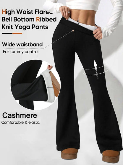 High Waisted Plush Bell Bottom Pants For Winter Warmth 1