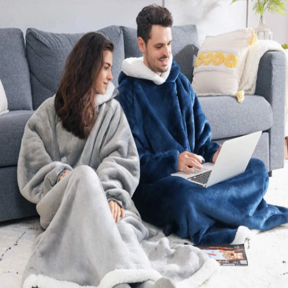 Oversized Flannel Blanket Hoodie with Sleeves for Men and Women