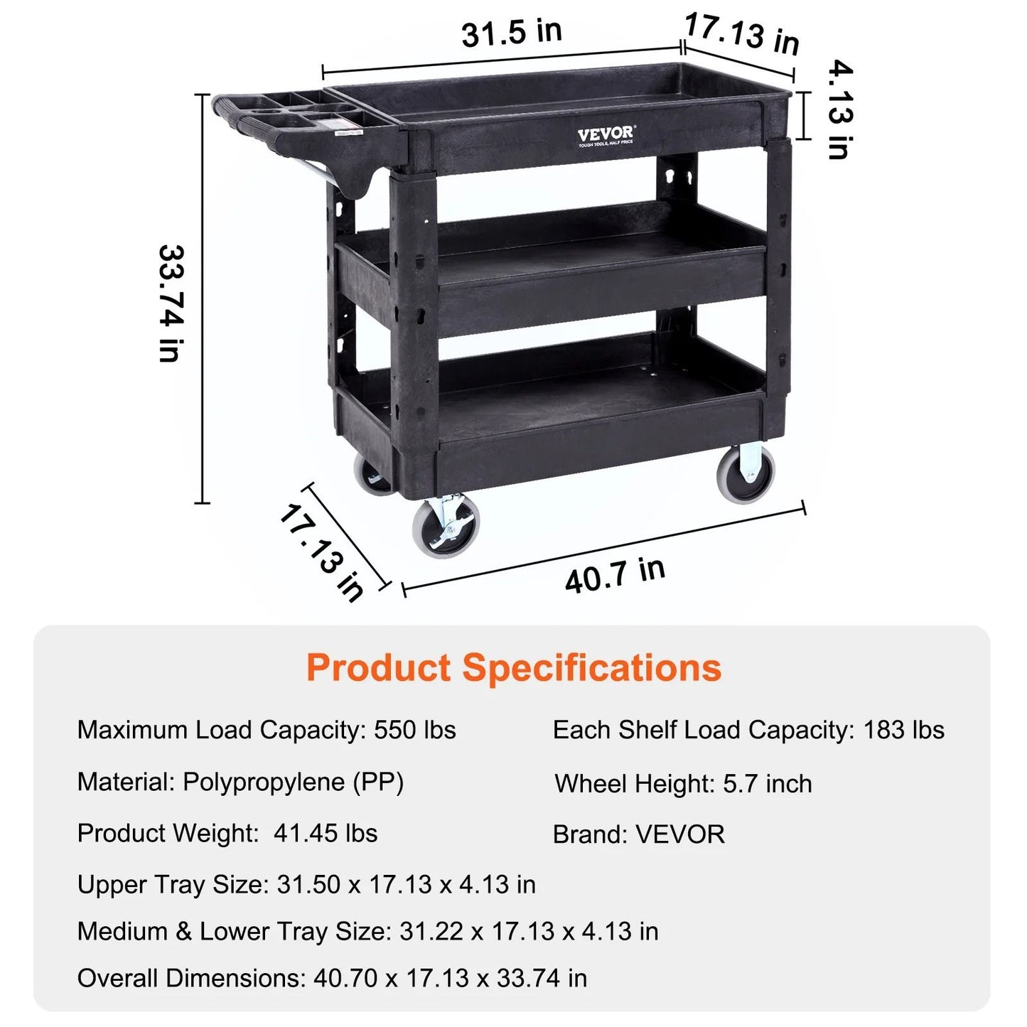 Heavy Duty Utility Service Cart With Two Or Three Shelves And Swivel Wheels 7