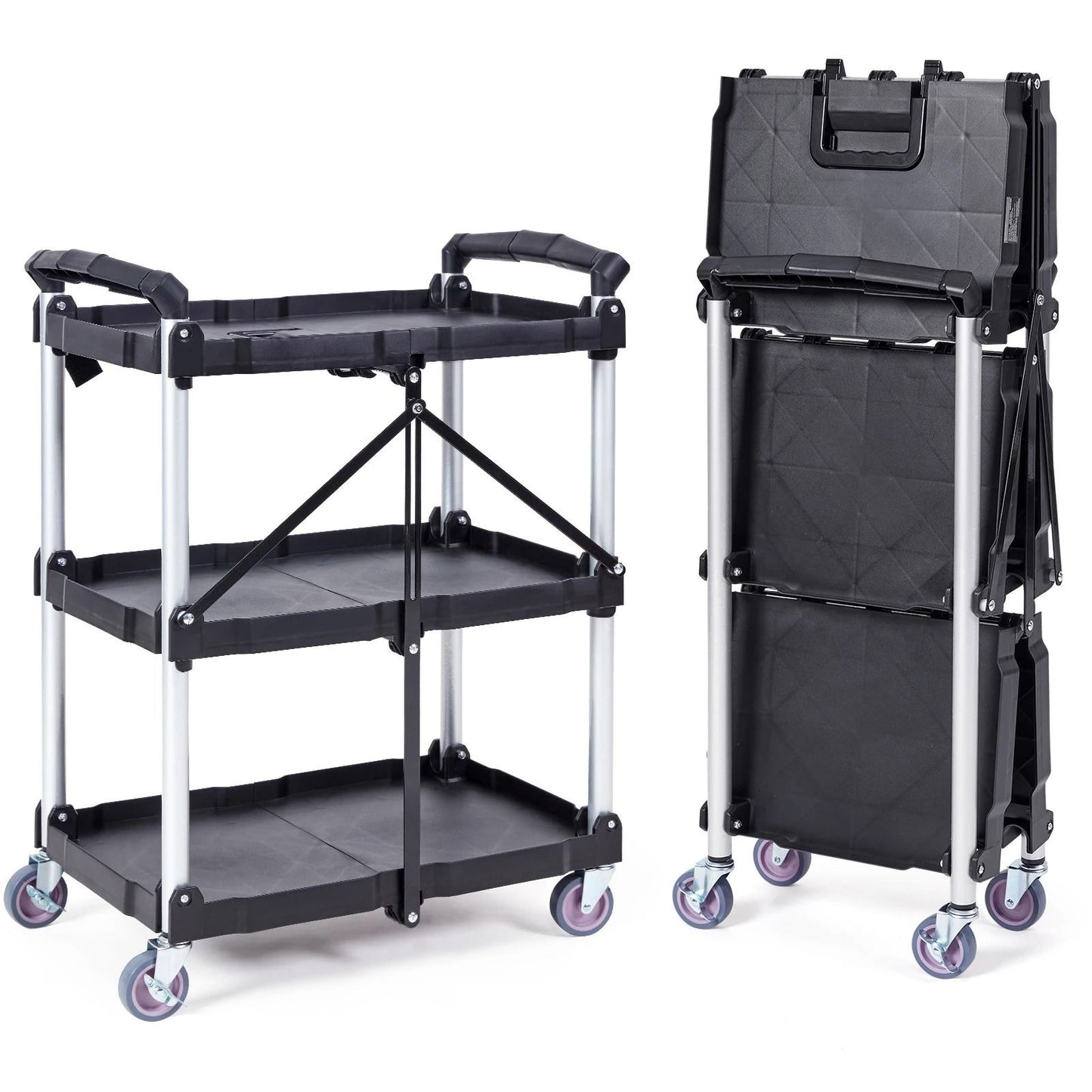 Three Tier Folding Rolling Utility Cart with Storage Shelves