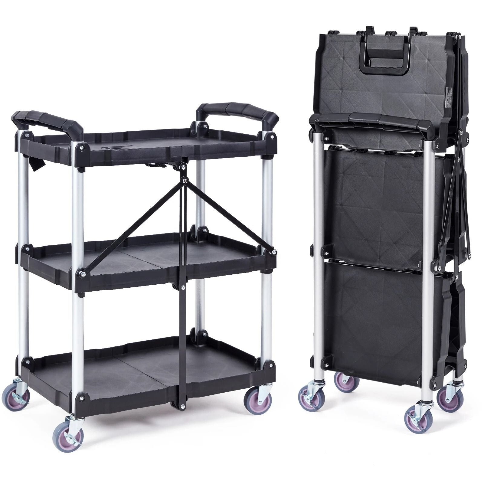 Three Tier Folding Rolling Utility Cart with Storage Shelves