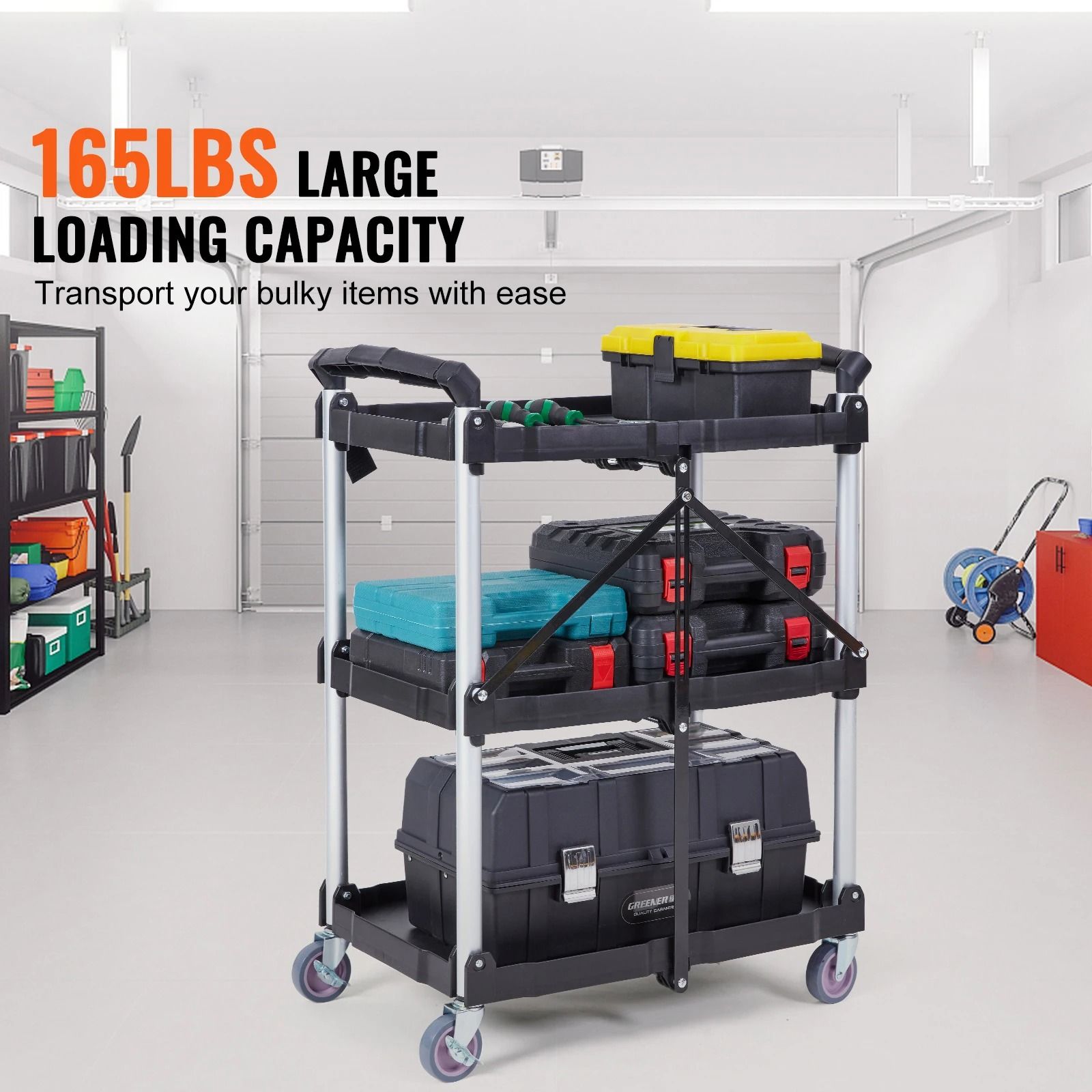Three Tier Folding Rolling Utility Cart With Storage Shelves 1