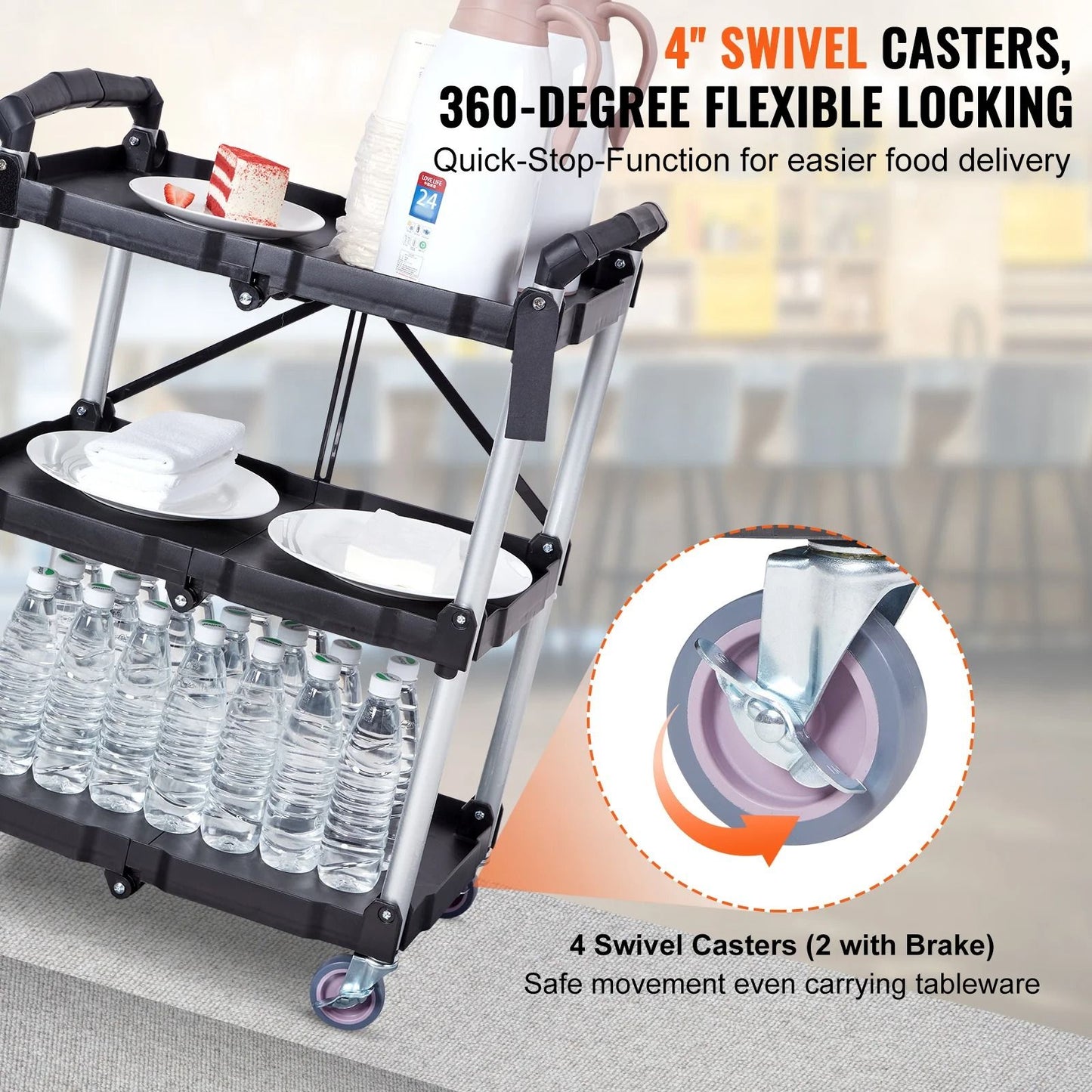 Three Tier Folding Rolling Utility Cart With Storage Shelves 2
