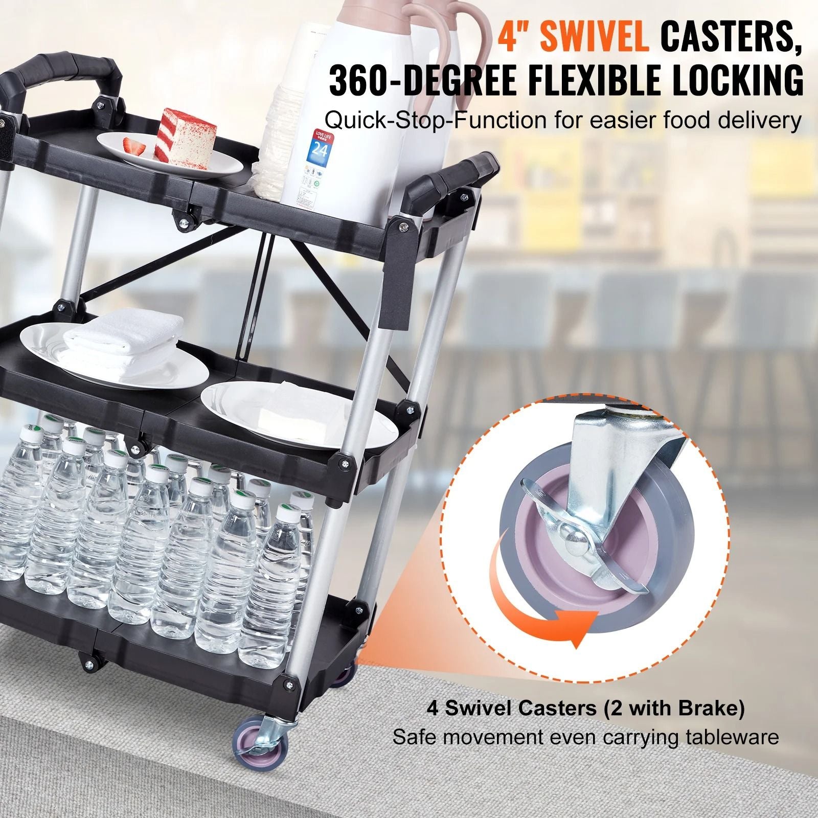 Three Tier Folding Rolling Utility Cart With Storage Shelves 2