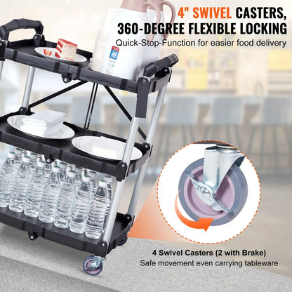 Three Tier Folding Rolling Utility Cart With Storage Shelves 2