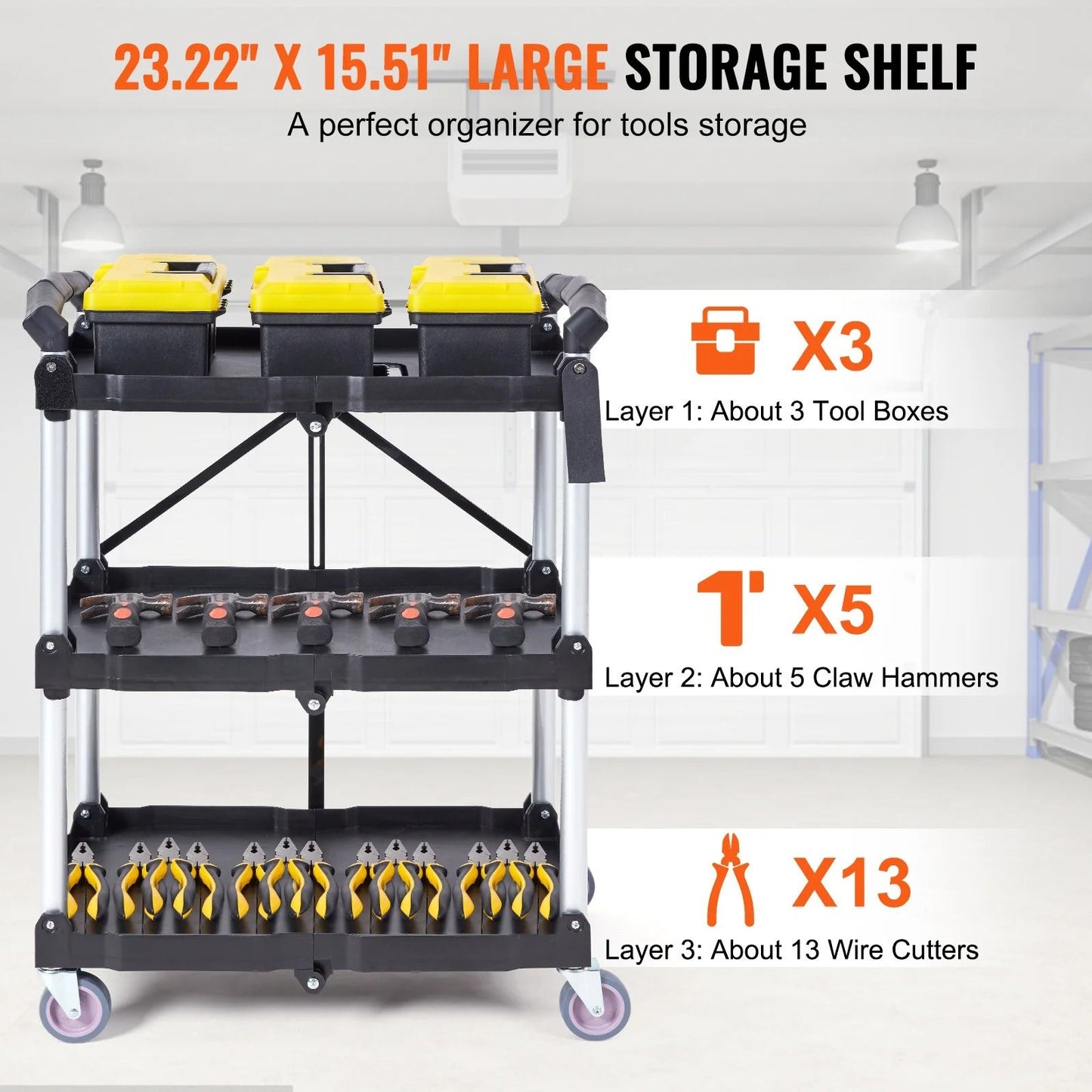 Three Tier Folding Rolling Utility Cart With Storage Shelves 3