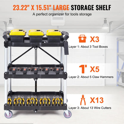 Three Tier Folding Rolling Utility Cart With Storage Shelves 3