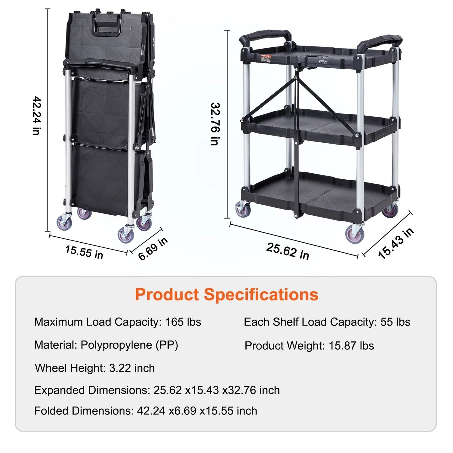 Three Tier Folding Rolling Utility Cart With Storage Shelves 6