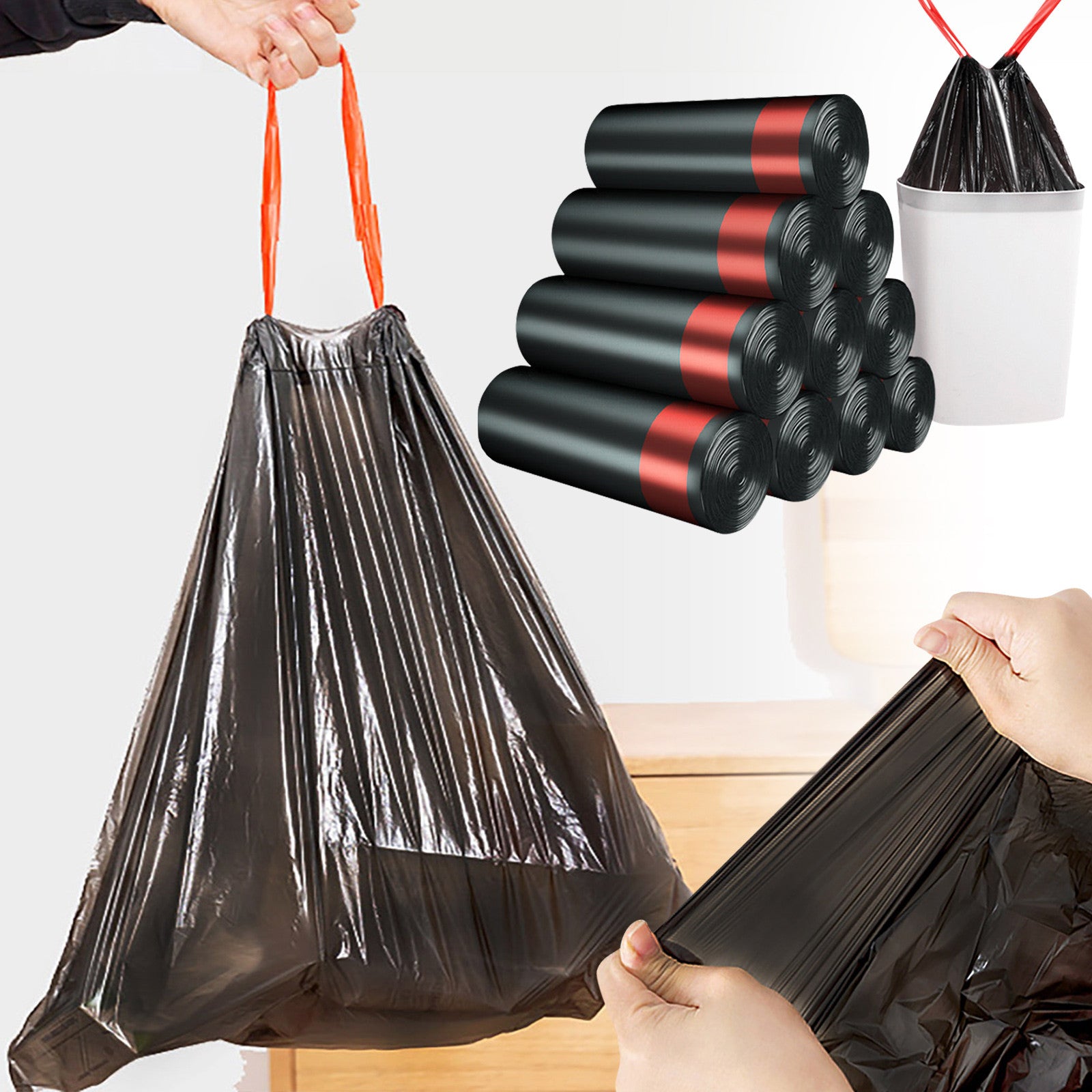 Household Kitchen Roll Drawstring Garbage Bag Thickened Automatic Closing Portable Plastic Bag No Dirty Hands Trash