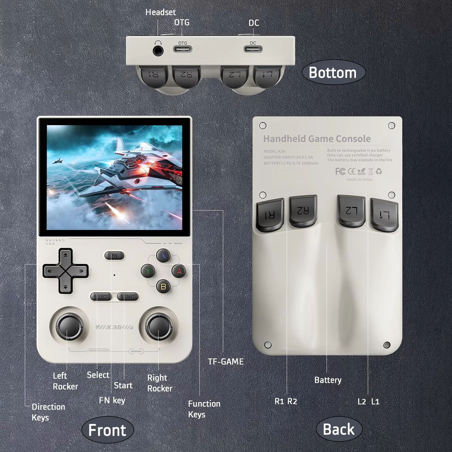 GAMINJA K36 Retro Handheld Game Console With 16000 Games  35Inch IPS Screen 5